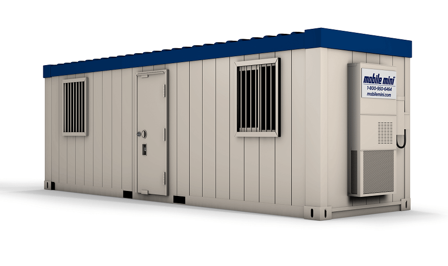 high-security ground level office, mobile mini, double windows with bars, single entry, HVAC