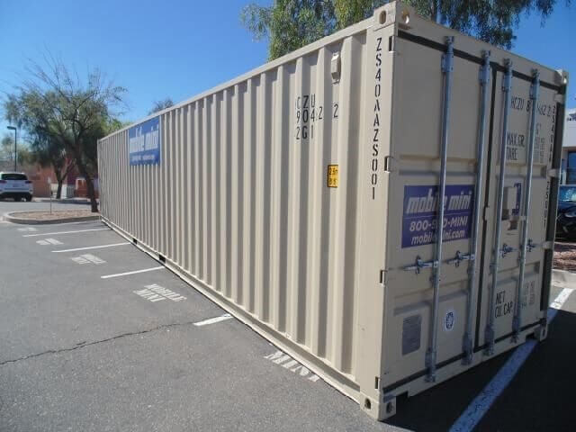 storage container, 40-foot long, double doors, sitting in parking lot, Mobile Mini