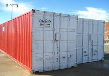 two forty-foot long storage containers, side by side, Satellite Shelters brand