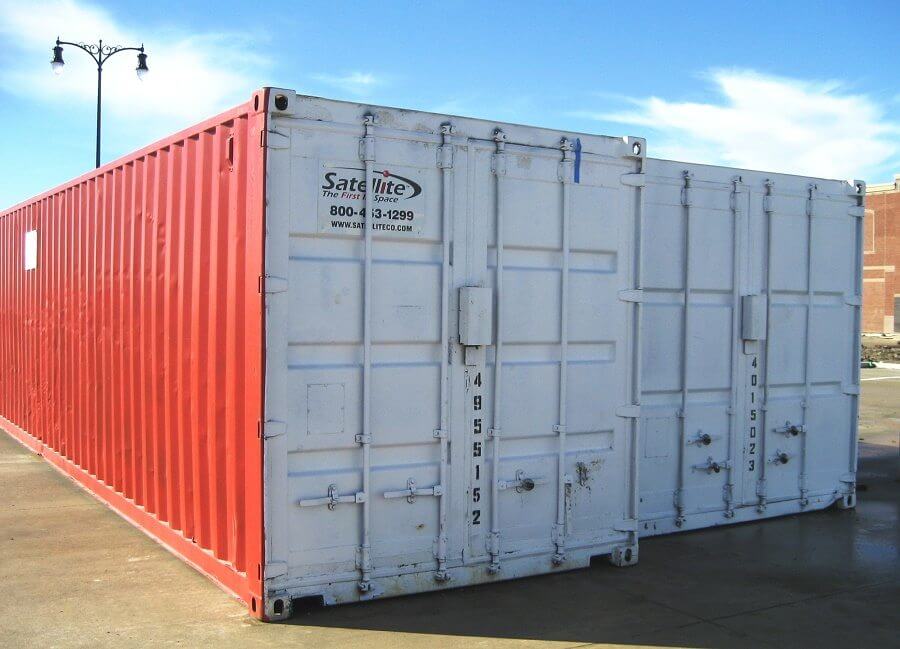 Satellite Shelters 40-foot storage containers, double doors, side by side, in parking lot Satellite Shelters 40-foot storage containers, double doors, side by side, in parking lot
