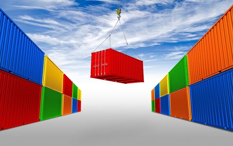 shipping containers, stacked, multiple colors